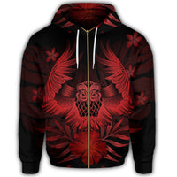 Hawaiian Owl Hibiscus Plumeria Polynesian Zip Hoodie Red - Polynesian Pride