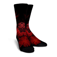 Hawaiian Owl Hibiscus Plumeria Polynesian Crew Socks - Red - AH - Polynesian Pride