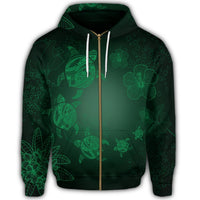 Hawaiian Plumeria Hibiscus Turtle Under Sea Polynesian Zip Hoodie Green - Polynesian Pride