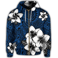 Hawaiian Plumeria Tribal Polynesian Zip Hoodie Blue - Polynesian Pride
