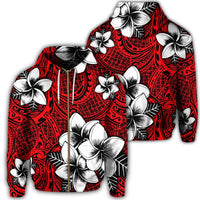 Hawaiian Plumeria Tribal Polynesian Zip Hoodie Red Unisex Art - Polynesian Pride