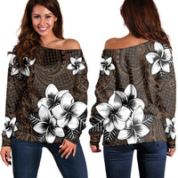 Hawaiian Plumeria Tribe Brown Polynesian Women's Off Shoulder Sweater AH Black - Polynesian Pride