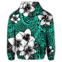 Hawaiian Plumeria Tribe Turquoise Polynesian Zip Hoodie - Polynesian Pride
