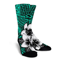 Hawaiian Plumeria Tribe Turquoise Polynesian Crew Socks AH - Polynesian Pride