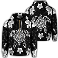 Hawaiian Silver Turtle Plumeria Zip Hoodie Unisex Art - Polynesian Pride