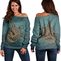 Hawaiian Skillful Turtle Polynesian Women's Off Shoulder Sweater - AH Black - Polynesian Pride