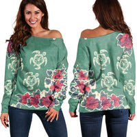 Hawaiian Turtle And Colorful Hibiscus Polynesian Women's Off Shoulder Sweater - AH Black - Polynesian Pride