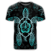 Hawaiian Turtle And Hibiscus Polynesian T Shirt Turquoise AH - Polynesian Pride