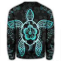 Hawaiian Turtle And Hibiscus Polynesian Sweatshirt Turquoise - AH - Polynesian Pride