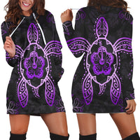 Hawaiian Turtle And Hibiscus Polynesian Hoodie Dress Violet - AH Black - Polynesian Pride