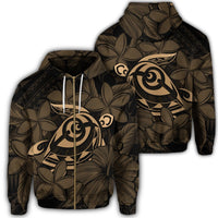 Hawaiian Turtle Hibiscus Plumeria Kanaka Polynesian Zip Hoodie Gold Soft Style Unisex Art - Polynesian Pride