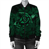 Hawaiian Turtle Hibiscus Plumeria Kanaka Polynesian Bomber Jacket Green - Soft Style - AH - Polynesian Pride