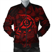 Hawaiian Turtle Hibiscus Plumeria Kanaka Polynesian Bomber Jacket Red - Soft Style - AH Black Unisex - Polynesian Pride