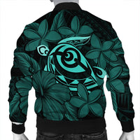 Hawaiian Turtle Hibiscus Plumeria Kanaka Polynesian Bomber Jacket Turquoise - Soft Style - AH - Polynesian Pride
