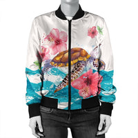 Hawaiian Turtle Hibiscus Waves Polynesian Bomber Jacket - AH - Polynesian Pride