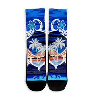 Hawaiian Turtle Plumeria Coconut Tree Polynesian Crew Socks Blue - AH - Polynesian Pride