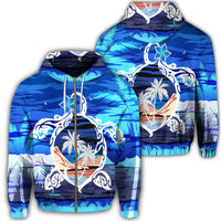 Hawaiian Turtle Plumeria Coconut Tree Polynesian Zip Hoodie Blue Unisex Art - Polynesian Pride