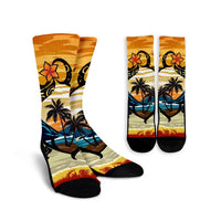 Hawaiian Turtle Plumeria Coconut Tree Polynesian Crew Socks Gold - AH Crew Socks White - Polynesian Pride
