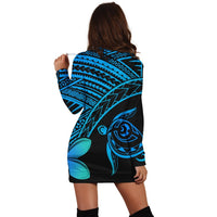 Hawaiian Turtle Plumeria Kakau Polynesian Quilt Hoodie Dress Blue AH - Polynesian Pride