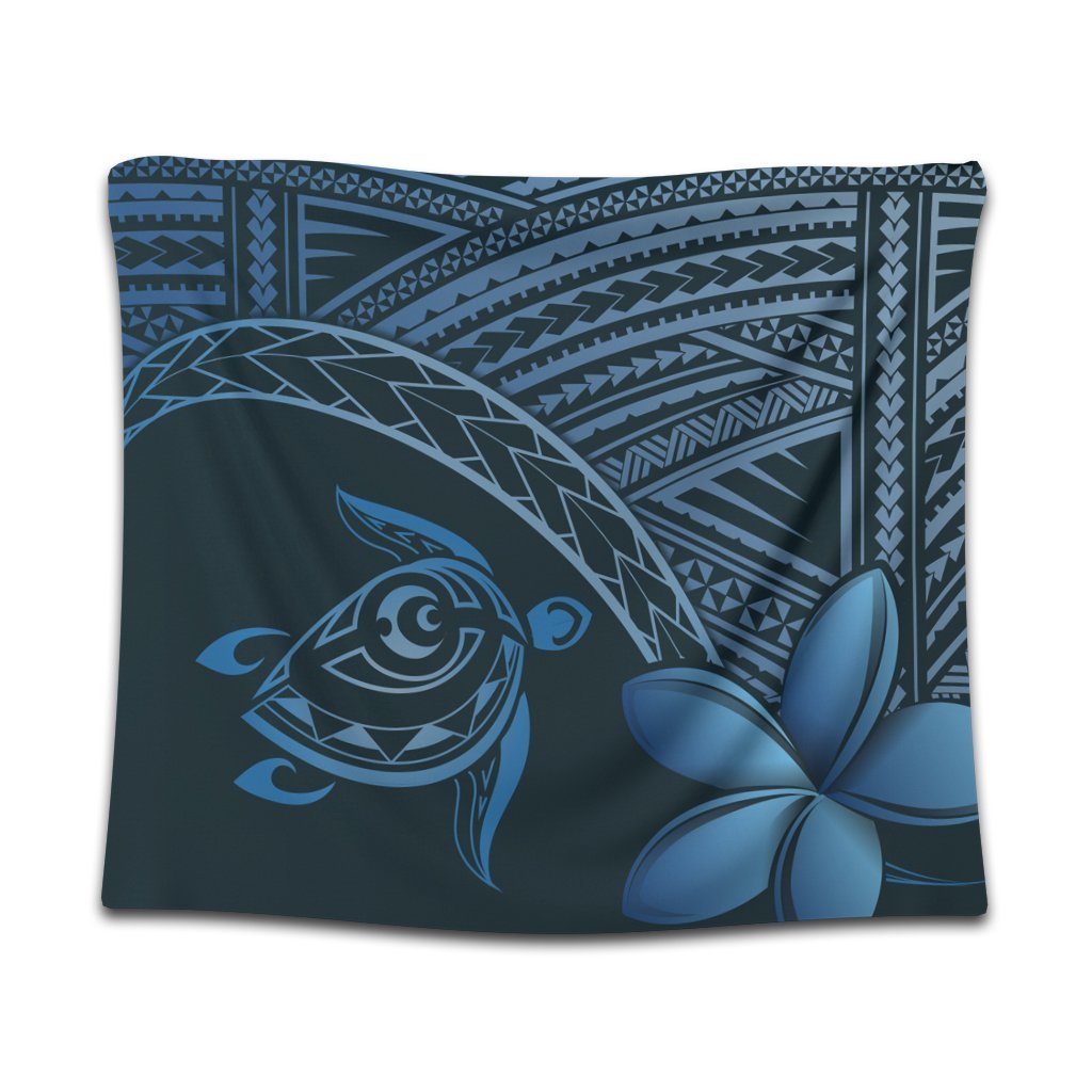 Hawaiian Turtle Plumeria Kakau Polynesian Quilt Tapestry Neo Blue AH Wall Tapestry Black - Polynesian Pride