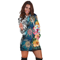 Hawaiian Turtle Swimming Wave Plumeria Hibiscus Polynesian Hoodie Dress - Garden Style - AH - Polynesian Pride