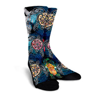 Hawaiian Turtle Swimming Wave Plumeria Hibiscus Polynesian Crew Socks - Garden Style - AH - Polynesian Pride