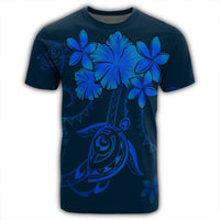 Hawaiian Turtles Hibiscus Plumeria Polynesian T Shirt Blue AH - Polynesian Pride