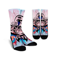 Hawaiian Wave Hibiscus Watercolor Turtle Polynesian Crew Socks - AH Crew Socks White - Polynesian Pride
