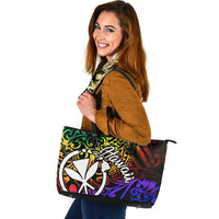 Hawaii Large Leather Tote Bag - Rainbow Polynesian Pattern - Polynesian Pride