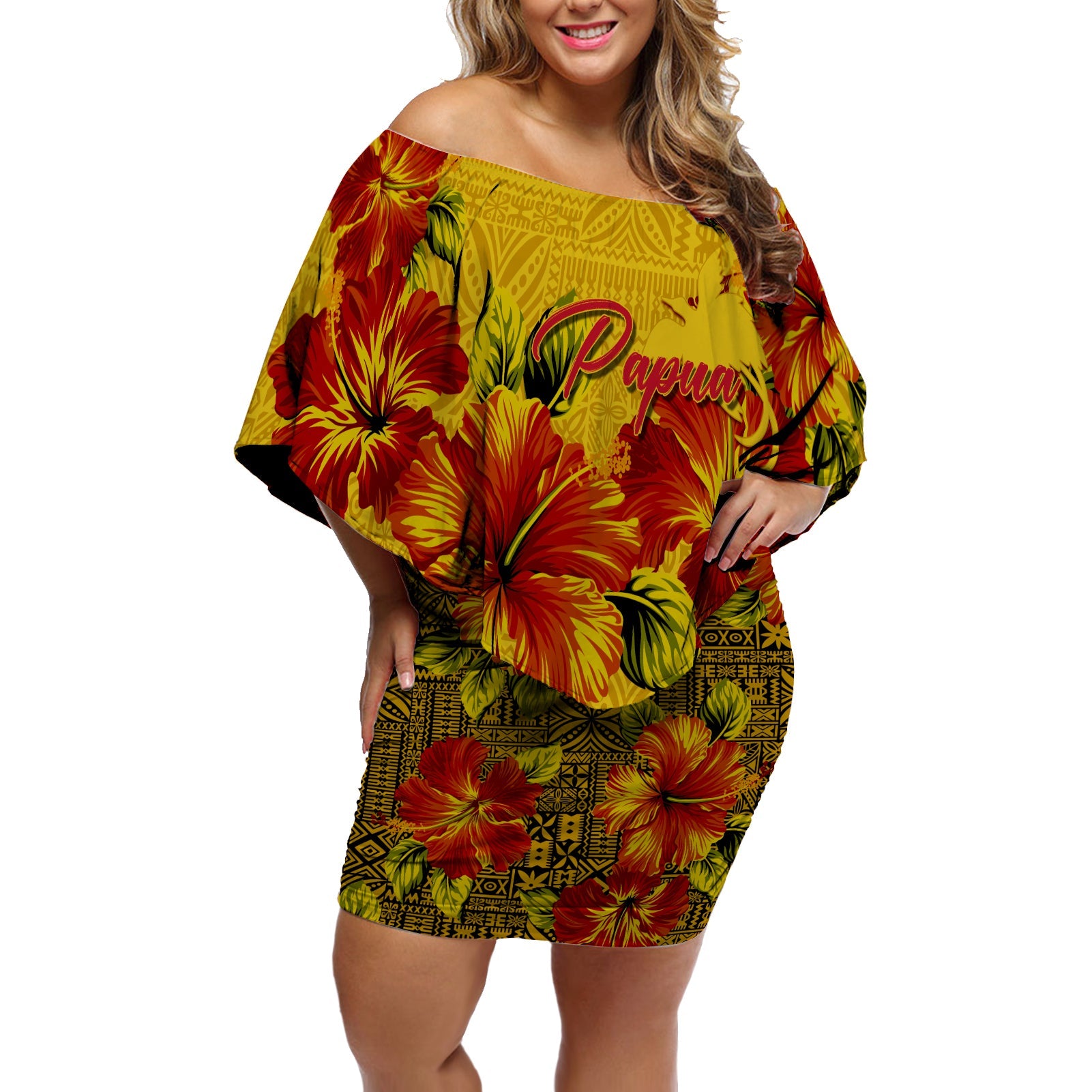 PNG Off Shoulder Short Dress Tapa Mix Hibiscus Ver.01 LT7 Women Yellow - Polynesian Pride