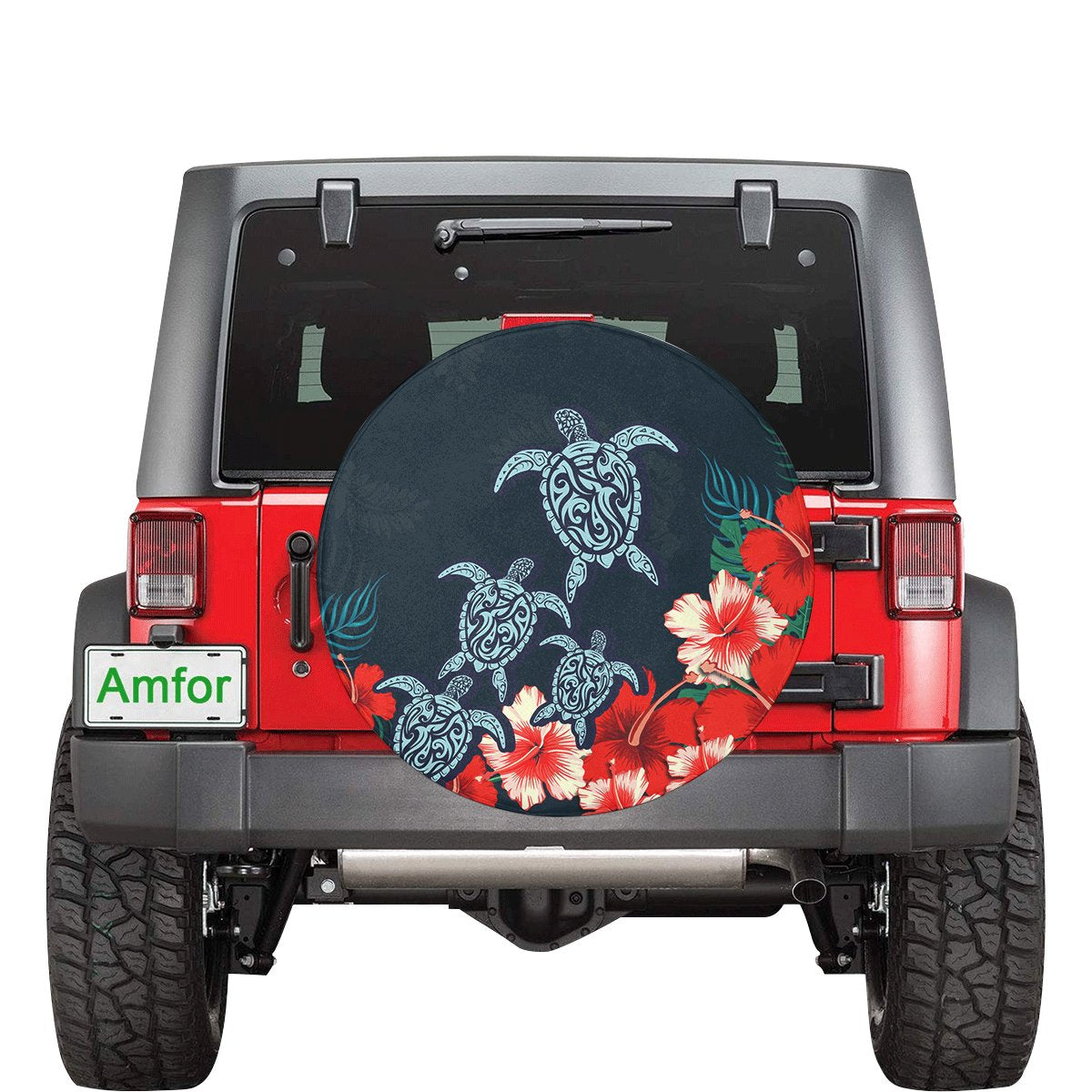 Hibiscus And Turtle Skillful Spare Tire Cover AH Black - Polynesian Pride