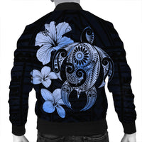 Hibiscus Plumeria Mix Polynesian Turtle Bomber Jacket Blue - AH - Polynesian Pride