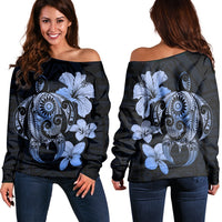 Hibiscus Plumeria Mix Polynesian Turtle Women's Off Shoulder Sweater Blue - AH Black - Polynesian Pride