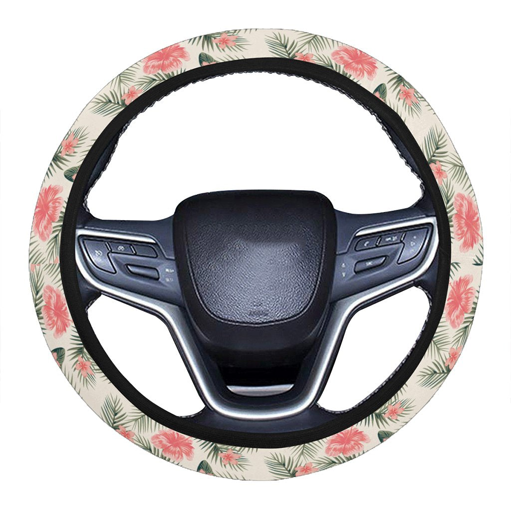 Hibiscus Plumeria Tropical Red Hawaii Universal Steering Wheel Cover with Elastic Edge One Size Red Steering Wheel Cover - Polynesian Pride