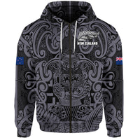 (Custom Text and Number) New Zealand Taiaha Maori Hoodie Minimalist Silver Fern All Black LT9 Zip Hoodie Black - Polynesian Pride