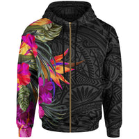 Polynesian Zip up Hoodie Hibiscus Pattern Unisex Black - Polynesian Pride