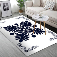 Hawaiian Quilt Maui Plant And Hibiscus Pattern Area Rug - Indigo White - AH - Polynesian Pride