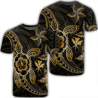 Kanaka Map Hibiscus Plumeria Turtle Art Gold Polynesian T Shirt AH Unisex Black - Polynesian Pride