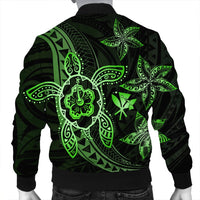 Kanaka Map Hibiscus Plumeria Turtle Art Green Polynesian Bomber Jacket - AH - Polynesian Pride