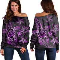Kanaka Map Hibiscus Plumeria Turtle Art Pink Polynesian Women's Off Shoulder Sweater - AH Black - Polynesian Pride