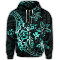 Kanaka Map Hibiscus Plumeria Turtle Art Turquoise Polynesian Zip Hoodie - Polynesian Pride