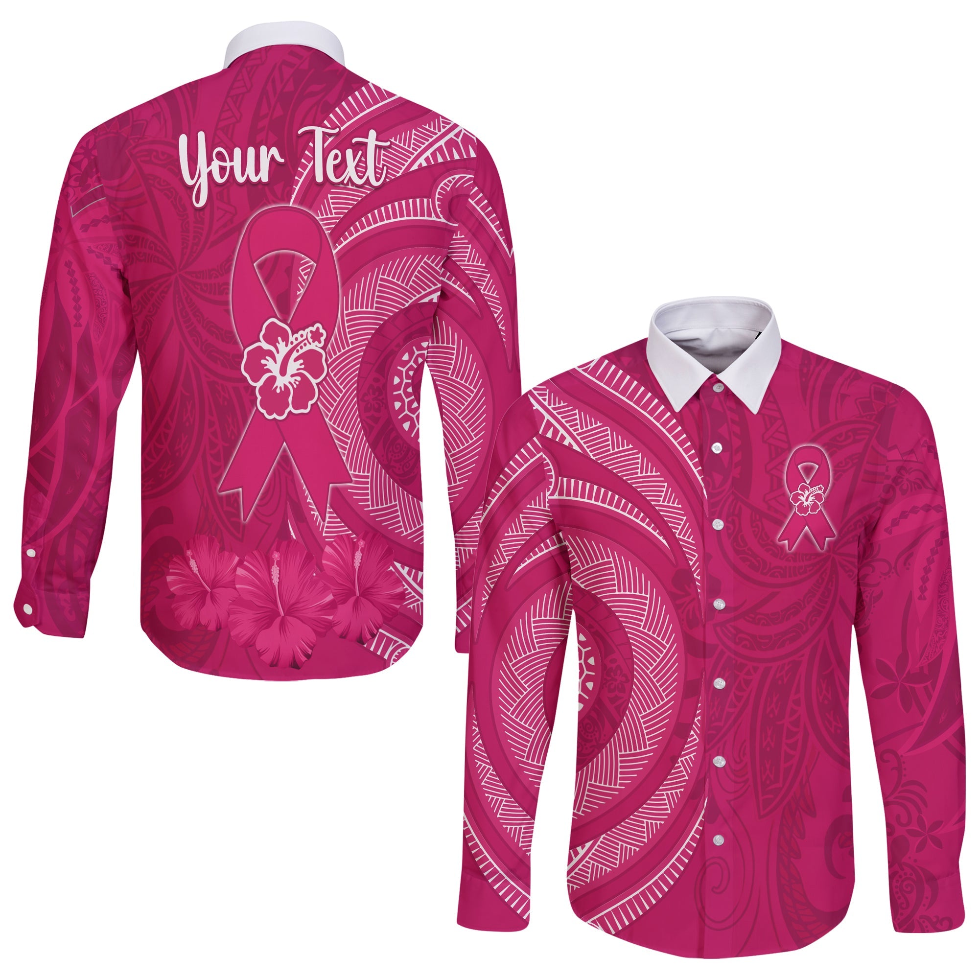 (Custom Personalised) Breast Cancer Awareness Long Sleeve Button Shirt Hibiscus Polynesian No One Fights Alone LT13 Unisex Pink - Polynesian Pride