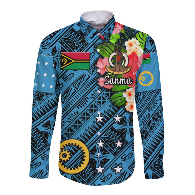 Vanuatu Sanma Hawaii Long Sleeve Button Shirt Independence Be Proud LT8 Unisex Blue - Polynesian Pride