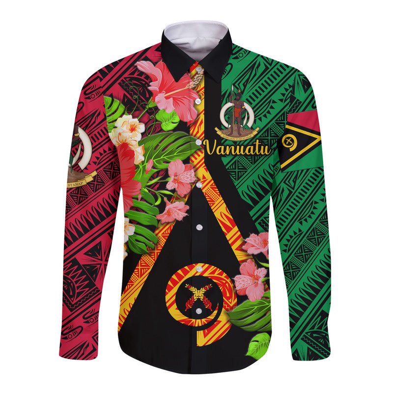 (Custom Personalised) Vanuatu Hawaii Long Sleeve Button Shirt Independence Be Proud Vanuatu Flag LT8 Unisex Black - Polynesian Pride