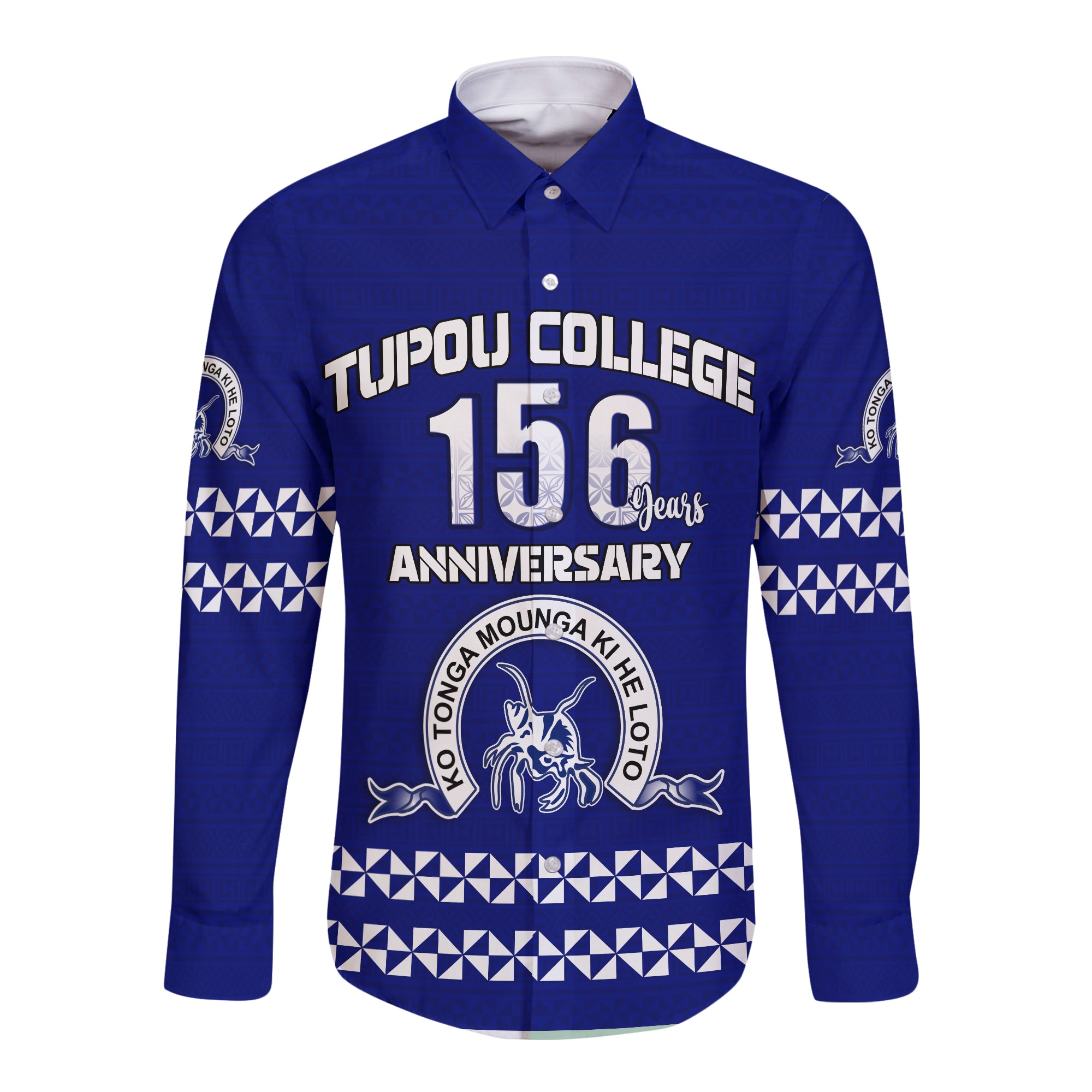 Tonga Tupou College Toloa Hawaii Long Sleeve Button Shirt 156 Years Anniversary Tongan Ngatu LT13 Unisex Blue - Polynesian Pride