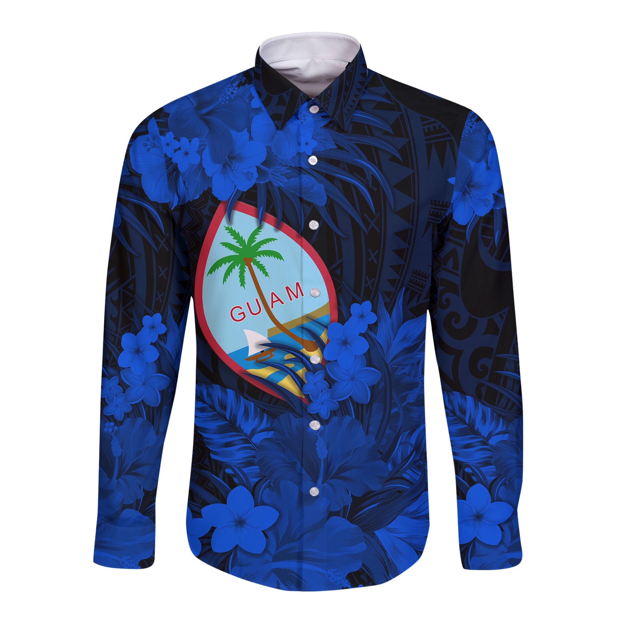 (Custom Personalised) Guam Polynesian Hawaii Long Sleeve Button Shirt Tropical Flowers - Blue LT8 - Polynesian Pride