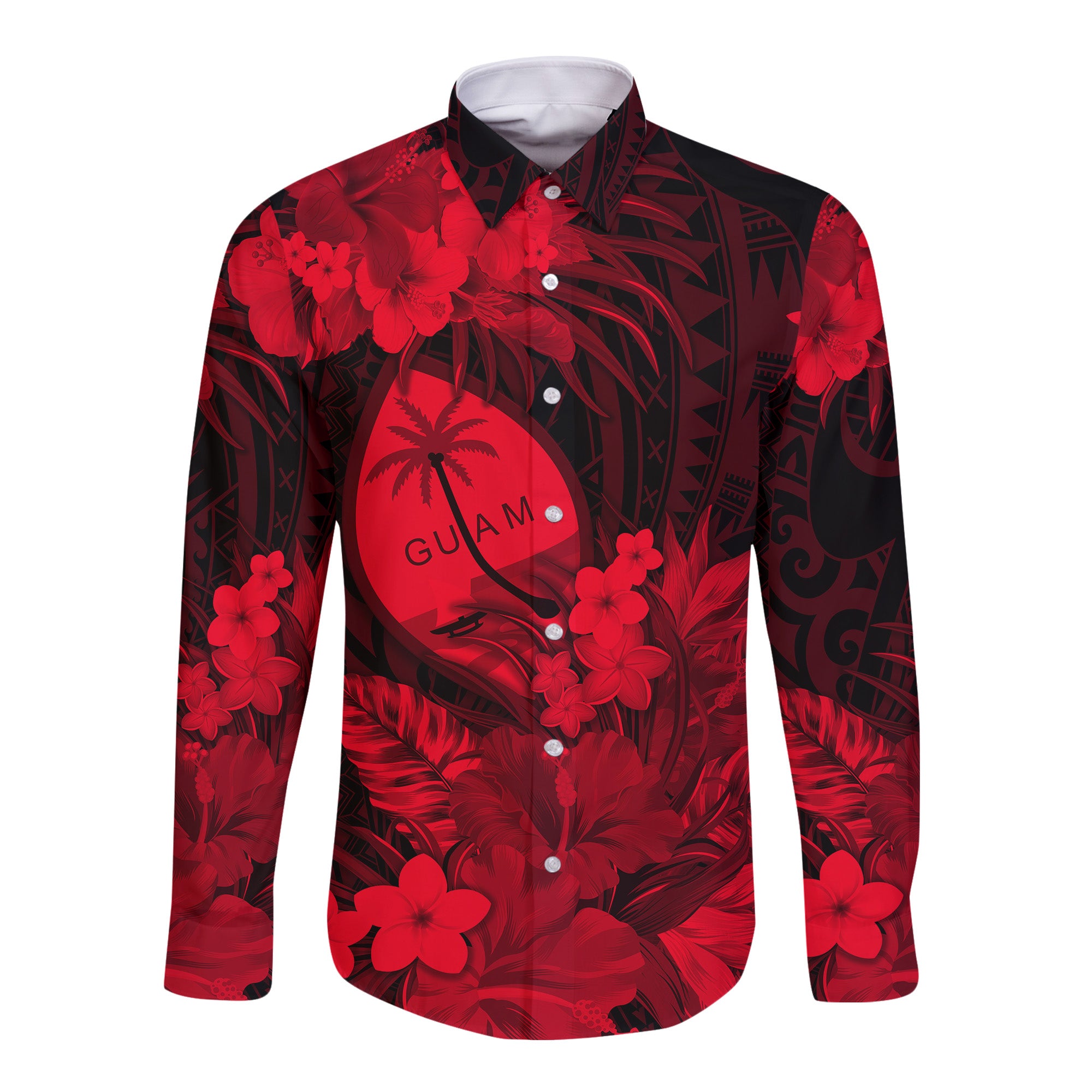 (Custom Personalised) Guam Polynesian Hawaii Long Sleeve Button Shirt Tropical Flowers - Red LT8 - Polynesian Pride