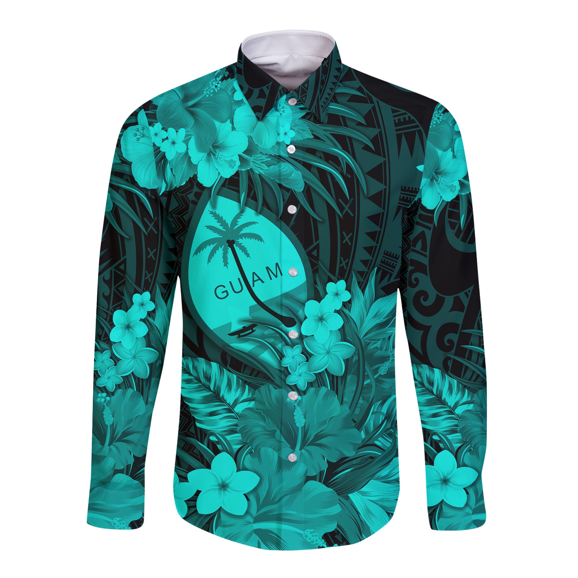 (Custom Personalised) Guam Polynesian Hawaii Long Sleeve Button Shirt Tropical Flowers - Turquoise LT8 - Polynesian Pride