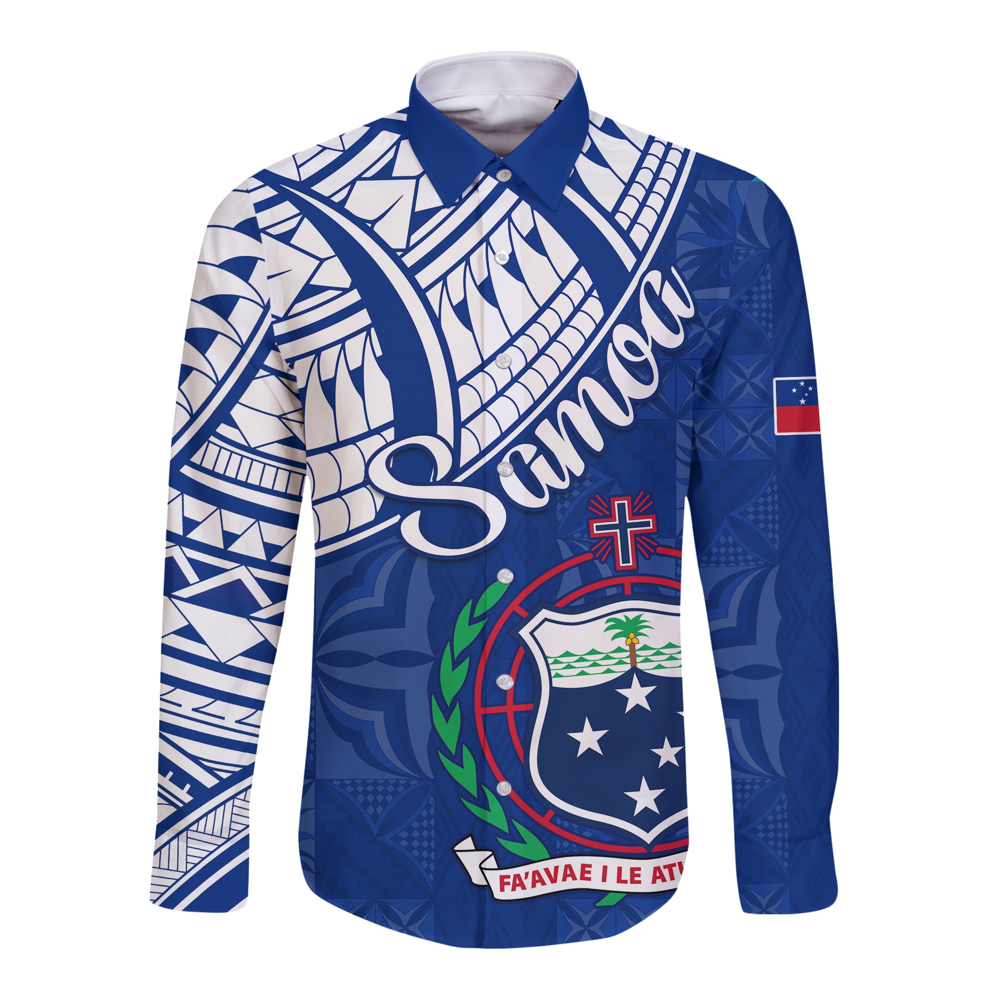 Samoa Siapo Hawaii Long Sleeve Button Shirt Sporty Mix Barkcloth Panel LT13 Unisex Blue - Polynesian Pride