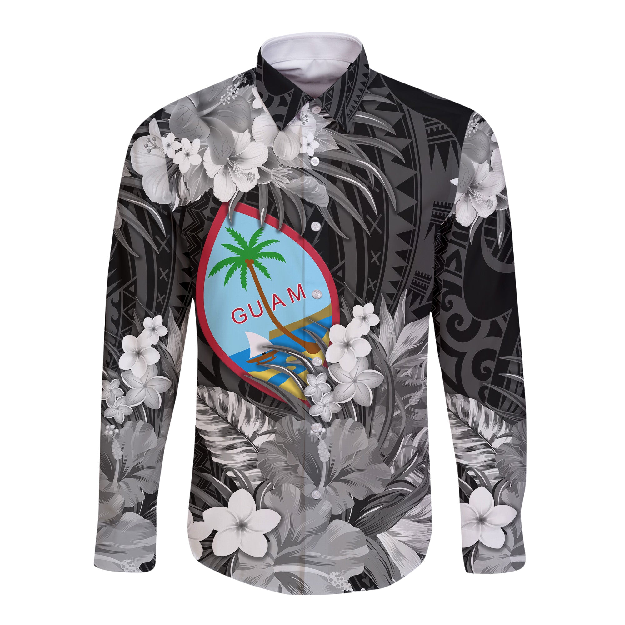 (Custom Personalised) Guam Polynesian Hawaii Long Sleeve Button Shirt Tropical Flowers - Black LT8 - Polynesian Pride